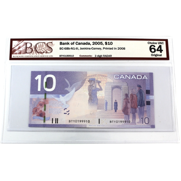 RADAR BC-68b-N1-iii 2005 $10 3 Digit RADAR BCS CUNC64 Original Jenkins-Carney, Printed in 2008 
