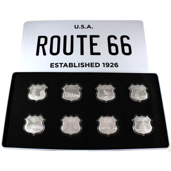 USA Icons of Route 66 8-Coin .999 Fine Silver Set In Collectible Tin (Tax Exempt)