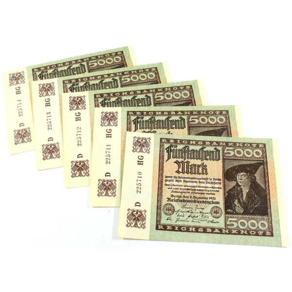 Germany 1922 Pick #81a 5000 Mark Consecutive UNC SN: D225710HG-"14HG. 5pcs.
