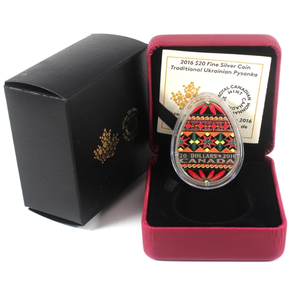 2016 $20 Traditional Ukrainian Pysanka (Egg-Shaped) 1oz .9999 Fine Silver w/ Selective Colour 