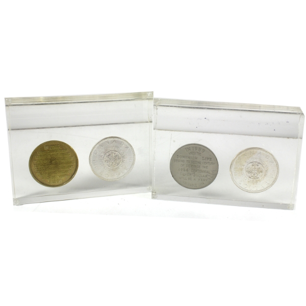 Silver $1 1964 & Commemorative Medallions in Lucite Acrylic. 2pcs