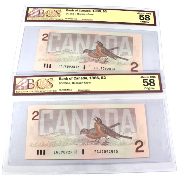 2x BC-55b-i 1986 $2 Consecutive BCS AU58 Original Thiessen-Crow SN: EGJ9092415-"16. 2pcs.