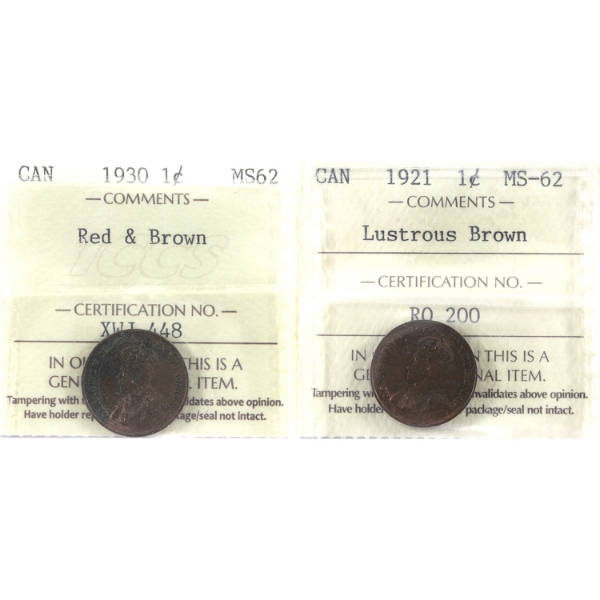 1-cent 1921 Lustrous Brown, & 1930 Red & Brown ICCS MS62. 2pcs
