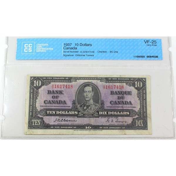 BC-24a 1937 $10 CCCS VF25 Osborne-Towers SN: A/D1617418