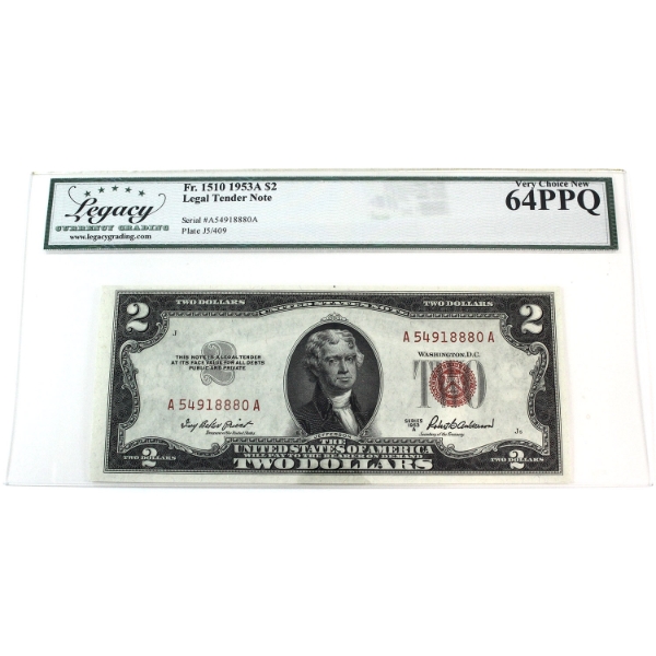USA 1953A FR#1510 $2 Legacy CUNC64 PPQ Legal Tender Note, SN: A54918880