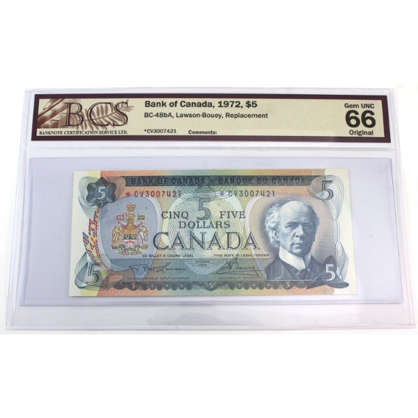 BC-48bA 1972 $5 *CV Replacement BCS GEM UNC66 Original Lawson-Bouey SN: *CV3007421