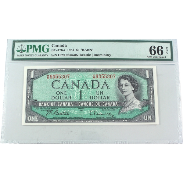 BC-37b-i 1954 $1 PMG GEM UNC66 EPQ Beattie-Rasminsky SN: H/M9355307