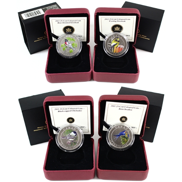 2011-2012 25-Cent Birds of Canada Coloured Coins. 4pcs.