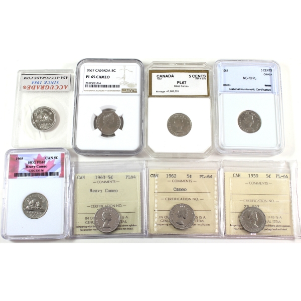 5-cent 1957-1967 MS70 to PL68. 8pcs.
