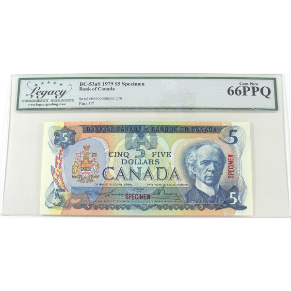 BC-53aS 1979 $5 SPECIMEN Legacy GEM UNC66 PPQ Lawson-Bouey SN: 00000000000 279