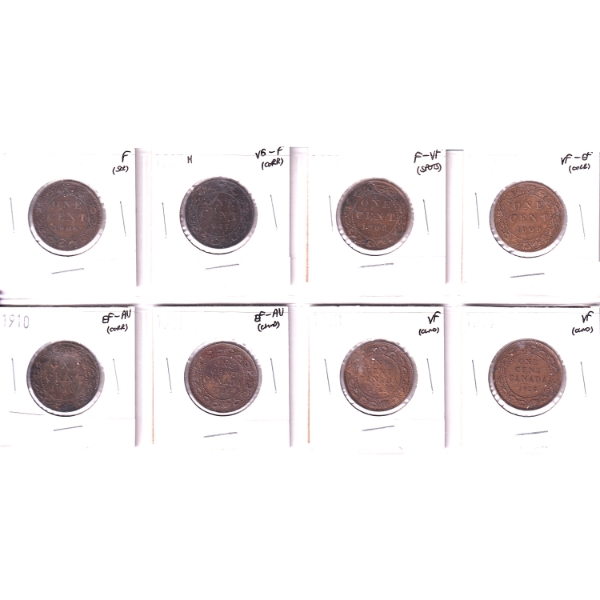 Bulk Collection of 1-cent 1906-1914 F to EF-AU Bulk Collection in 8-Pocket Sheet. 8pcs.