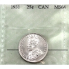 25-cent 1931 Prestige Certified MS64. Beautiful blast white coin with exceptional lustre!