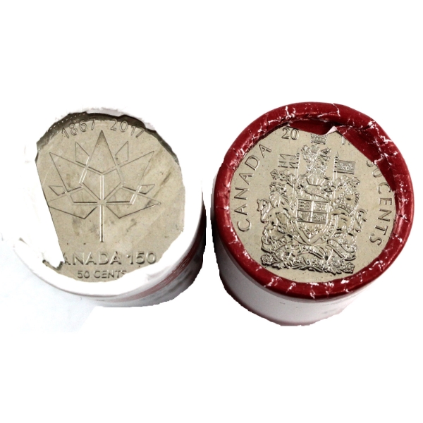 50-cent 2017 Coat of Arms & Canada 150th Special Wrap Original Rolls of 25pcs. 2 rolls