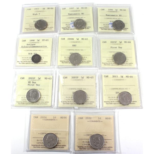 5-cent 1977-2024 ICCS MS64 to MS66. 11pcs 