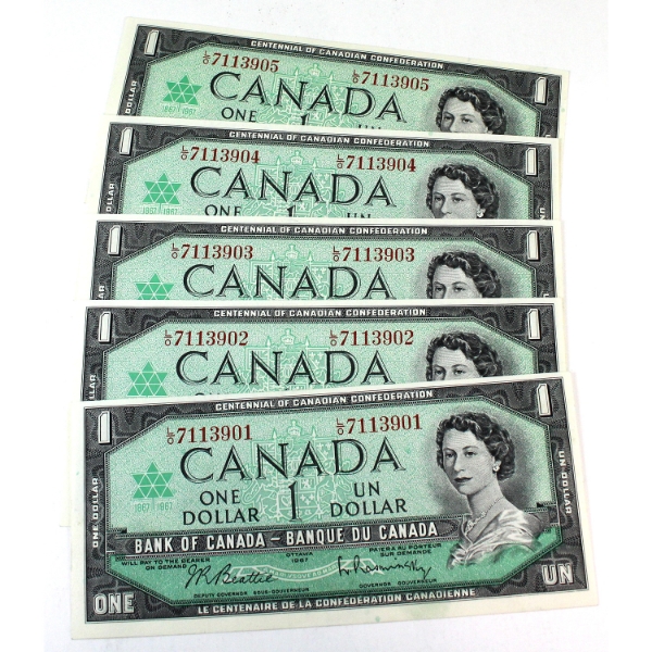 Consecutive 5x BC-45b 1967 $1 Beattie-Rasminsky Bank of Canada Notes SN: L/O7113901-L/O7113905. 5pcs