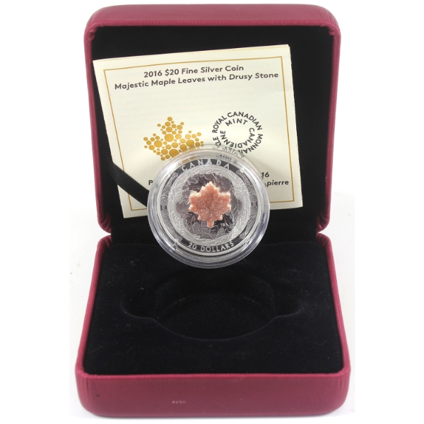 2016 $20 Majestic Maple Leaves w/ Drusy Stone 1oz .9999 Fine Silver Coin (Tax Exempt)