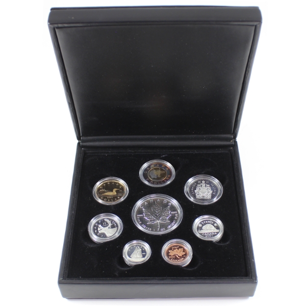 2001 8-Piece Premium Proof Set w/ $5 .9999 Fine Silver Maple Leaf Coin