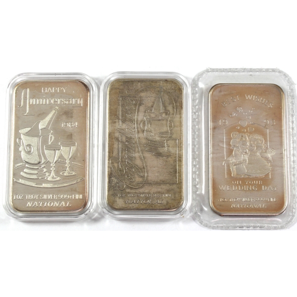 3x 1oz National Refiners ND-1993 Celebration .999+ Silver Art Bars. 3pcs. (Tax Exempt)
