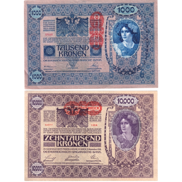 Austria 1902 Pick#59 1000 Kronen AU & 1918 Pick#66 10000 Kronen UNC. 2pcs. 