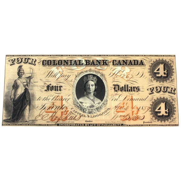 130-10-02-08 1859 $4 Colonial Bank of Canada VF Orange-Brown Tint