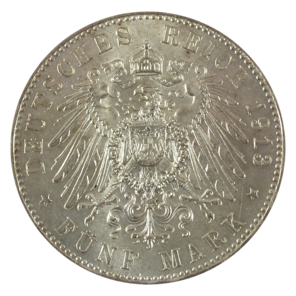 German States- Prussia Silver 1913A 5 Mark UNC+