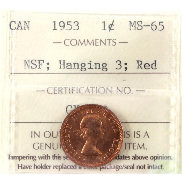 1-cent 1953 NSF, Hanging 3 ICCS MS65 Red