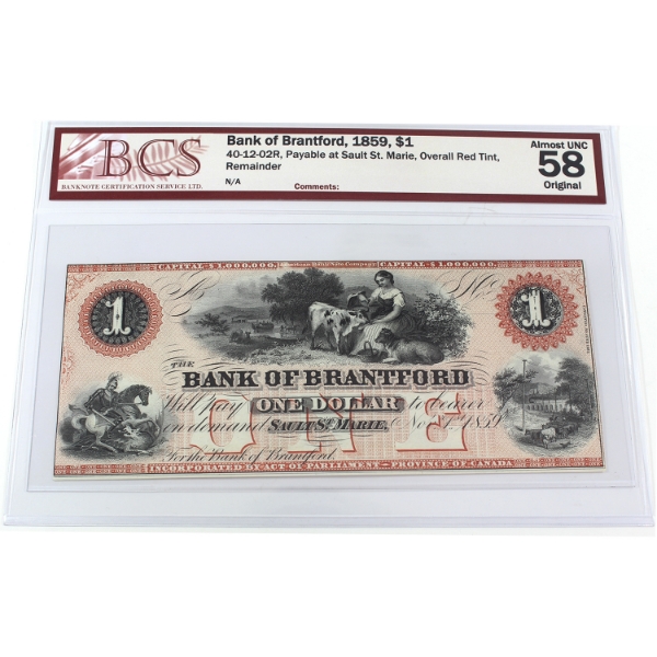 40-12-02R 1859 $1 The Bank of Brantford Remainder BCS AU58 Original Overall Red Tint