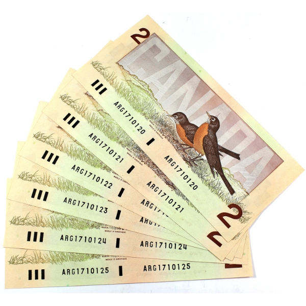 BC-55a 1986 $2 Consecutive Crow-Bouey SN:ARG1710120-ARG1710125. 6pcs.