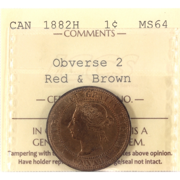 1-cent 1882H Obv 2 ICCS MS64 RD & BN