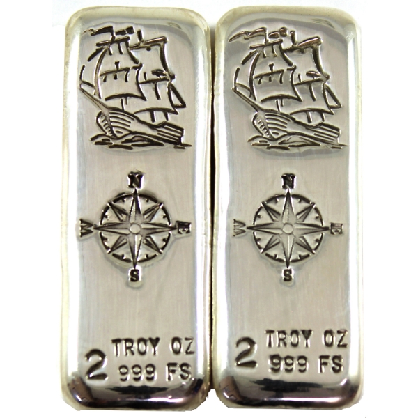 2x 2oz RSSC Ship & Compass .999 Fine Silver Bars. 2pcs. (Tax Exempt)