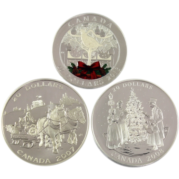 2007-2013 $10 & $20 Assorted Holiday Themed .9999 Fine Silver Coins. 3pcs (Tax Exempt)
