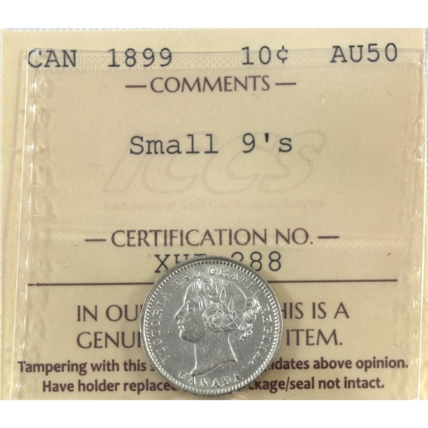 10-cent 1899 Small 9's ICCS AU50