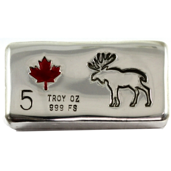 5oz Rocky Shore Silver Co. Moose Bar w/ Enameled Red Maple Leaf .999 Fine Silver (Tax Exempt)
