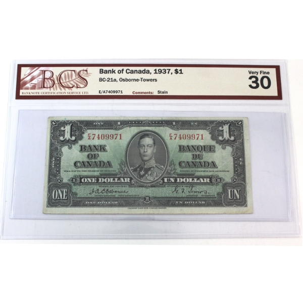 BC-21a 1937 $1 BCS VF30 Osborne-Towers SN: E/A7409971