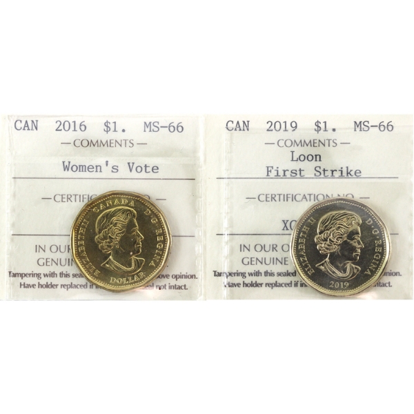 Loon $1 2016 Women's Vote & 2019 First Strike ICCS MS66. 2pcs