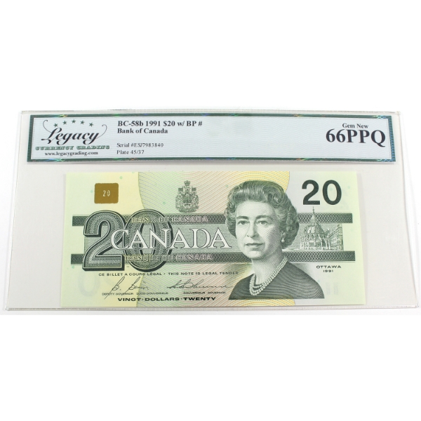BC-58b 1991 $20 Legacy GEM UNC66 PPQ Bonin-Thiessen w/ BP# SN:ESJ7983840