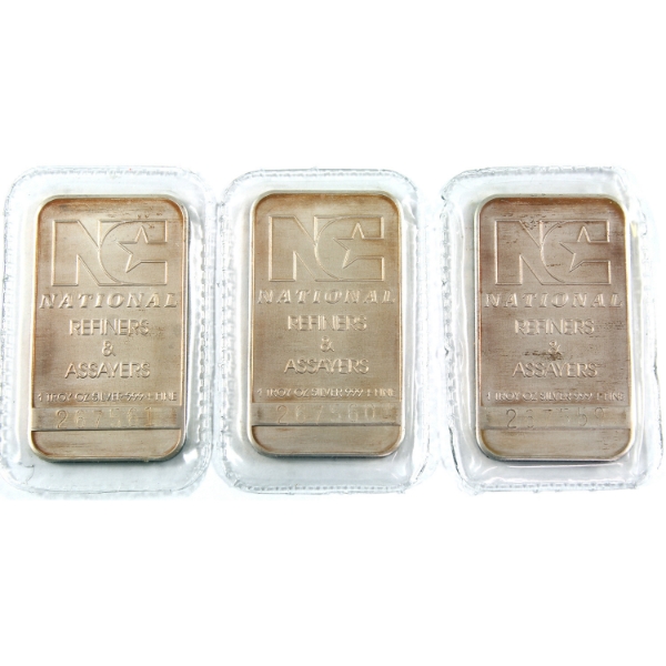 3x 1oz National Refiners Vintage .999+ Silver Bars *Consecutive SNs!* (Tax Exempt)