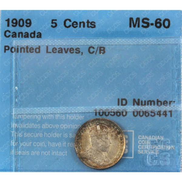 5-cent 1909 Pointed Leaves; C/B CCCS MS60