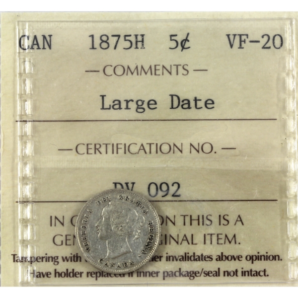 5-cent 1875H Large Date ICCS VF20