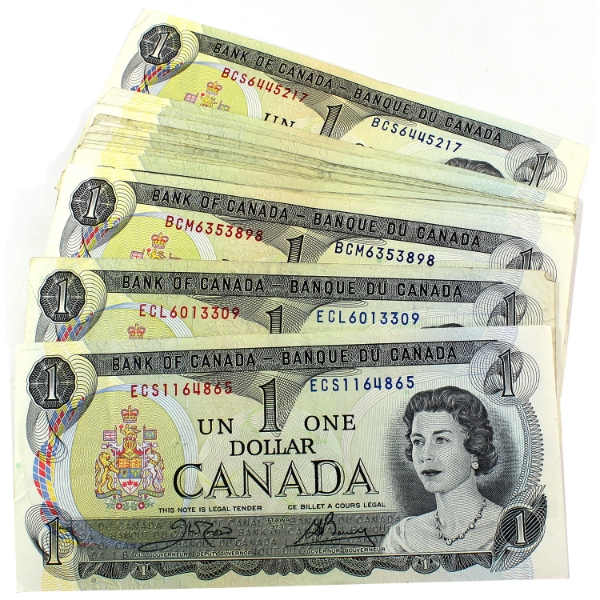 53x 1973 $1 Bank of Canada Banknote Collection in Average Condition. 53pcs.