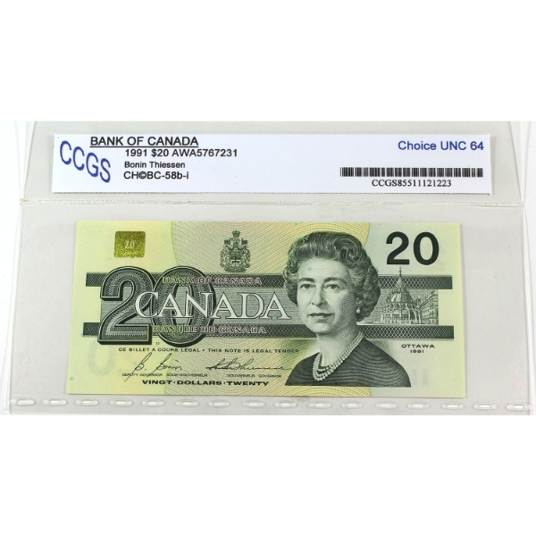 BC-58b-i 1991 $20 CCGS CUNC64 Bonin-Thiessen SN:AWA5767231