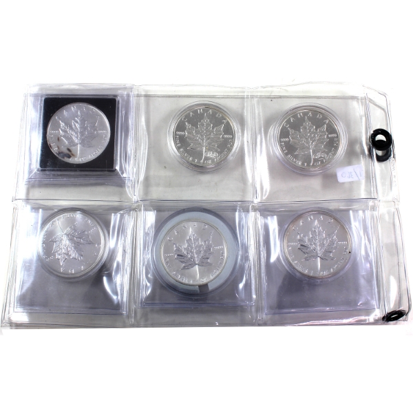 Bulk Lot of 1oz 2000-2004 $5 Silver Maple Leaf .9999 Fine Coins in 12-Pocket Sheet. 6pcs.