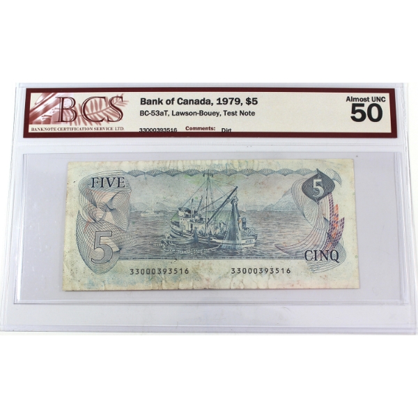BC-53aT 1979 $5 Test Note BCS AU50 Lawson-Bouey SN: 33000393516