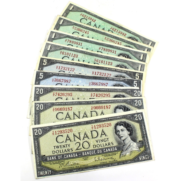 Group Lot of 1954 $1, $5 & $20 Banknotes. 9pcs.