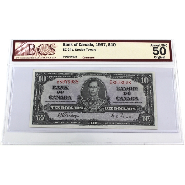BC-24b 1937 $10 BCS AU50 Original Gordon-Towers SN: T/D8976938