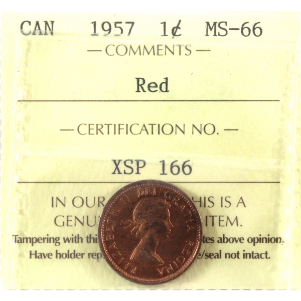 1-cent 1957 ICCS MS66 Red