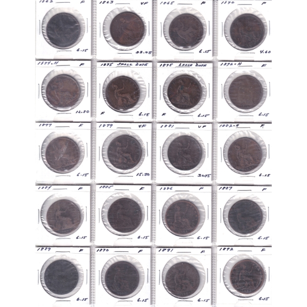 Bulk Collection of Great Britain 1862-1970 Pennies F to PR in 4x 20-Pocket Sheets. 80pcs.