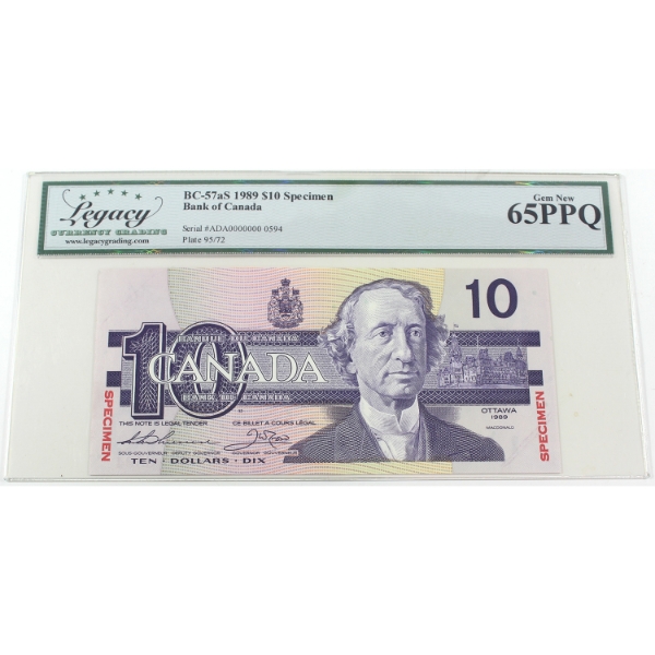 BC-57aS 1989 $10 SPECIMEN Legacy GEM UNC65 PPQ Thiessen-Crow SN:ADA0000000 0594