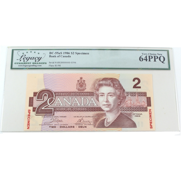 BC-55aS 1986 $2 SPECIMEN Legacy CUNC64 PPQ Crow-Bouey SN:ARG0000000 0594