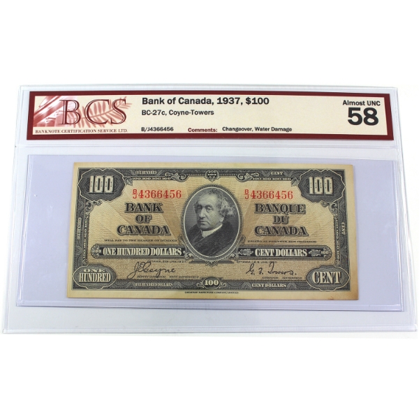 BC-27c 1937 $100 BCS AU58 Coyne-Towers Changeover SN: B/J4366456